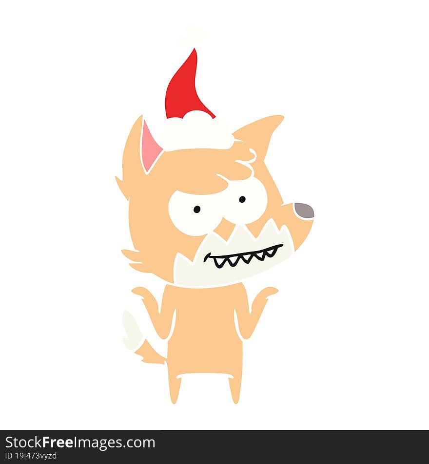 flat color illustration of a grinning fox wearing santa hat