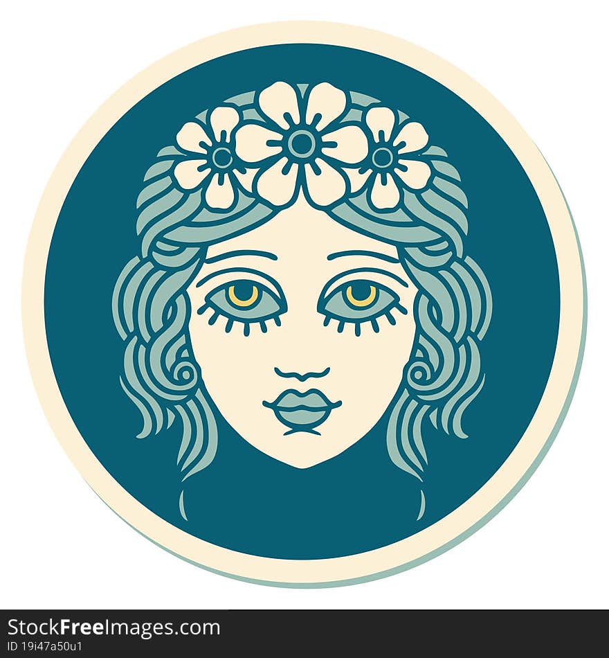 tattoo style sticker of female face with crown of flowers