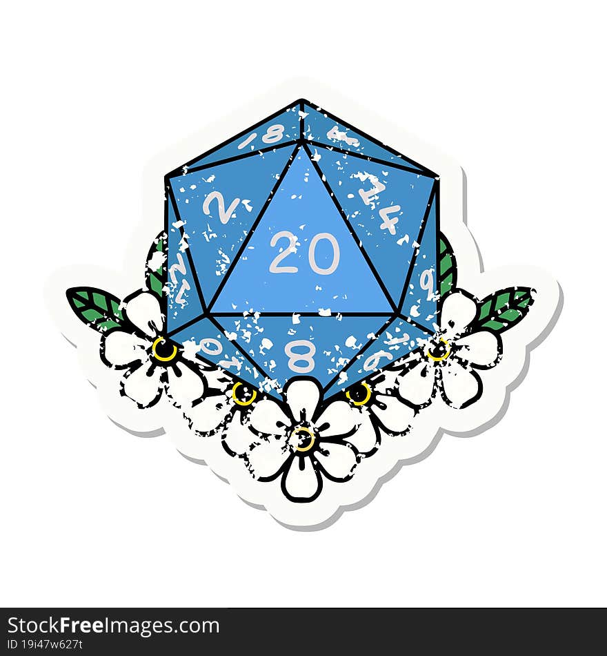 grunge sticker of a natural 20 D20 dice roll with floral elements. grunge sticker of a natural 20 D20 dice roll with floral elements