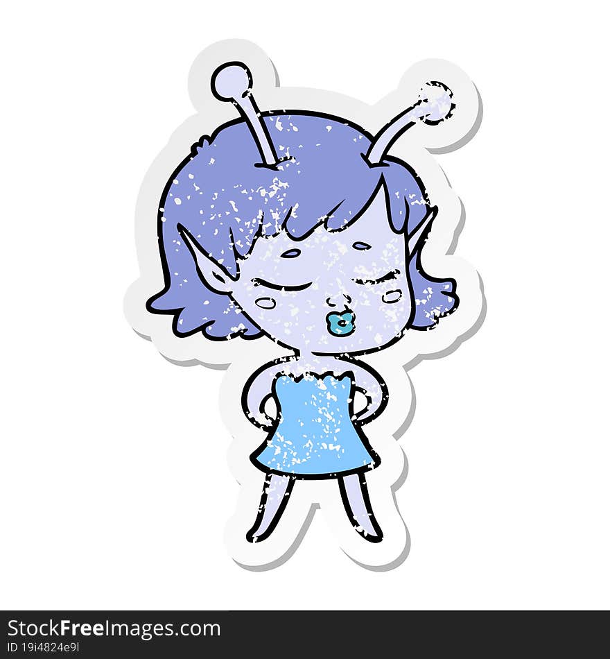 distressed sticker of a cute alien girl cartoon