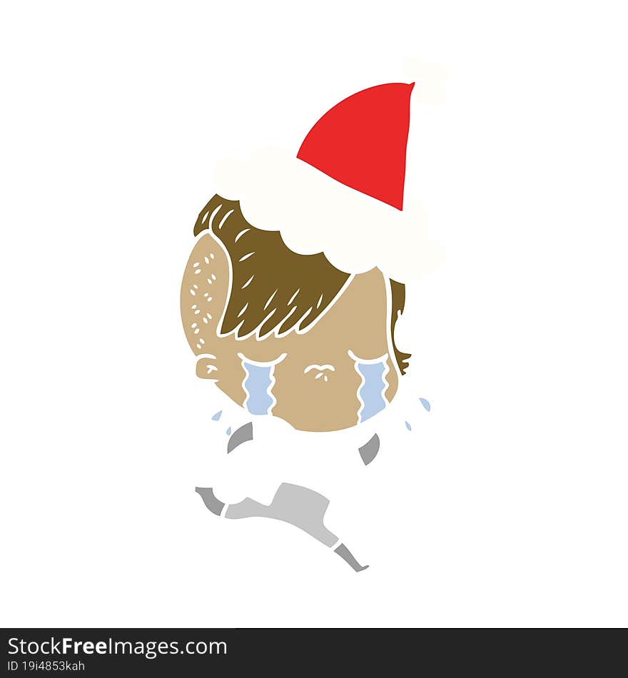 hand drawn flat color illustration of a crying girl wearing space clothes wearing santa hat