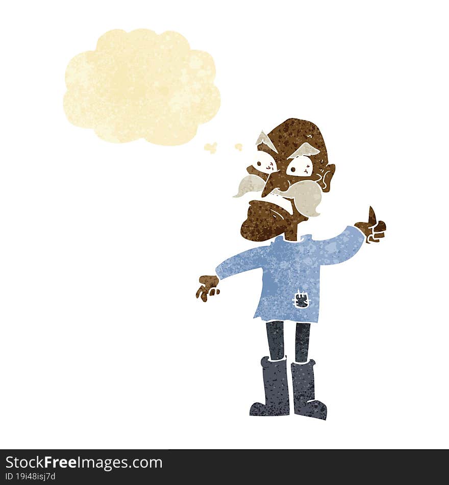 cartoon angry old man in patched clothing with thought bubble