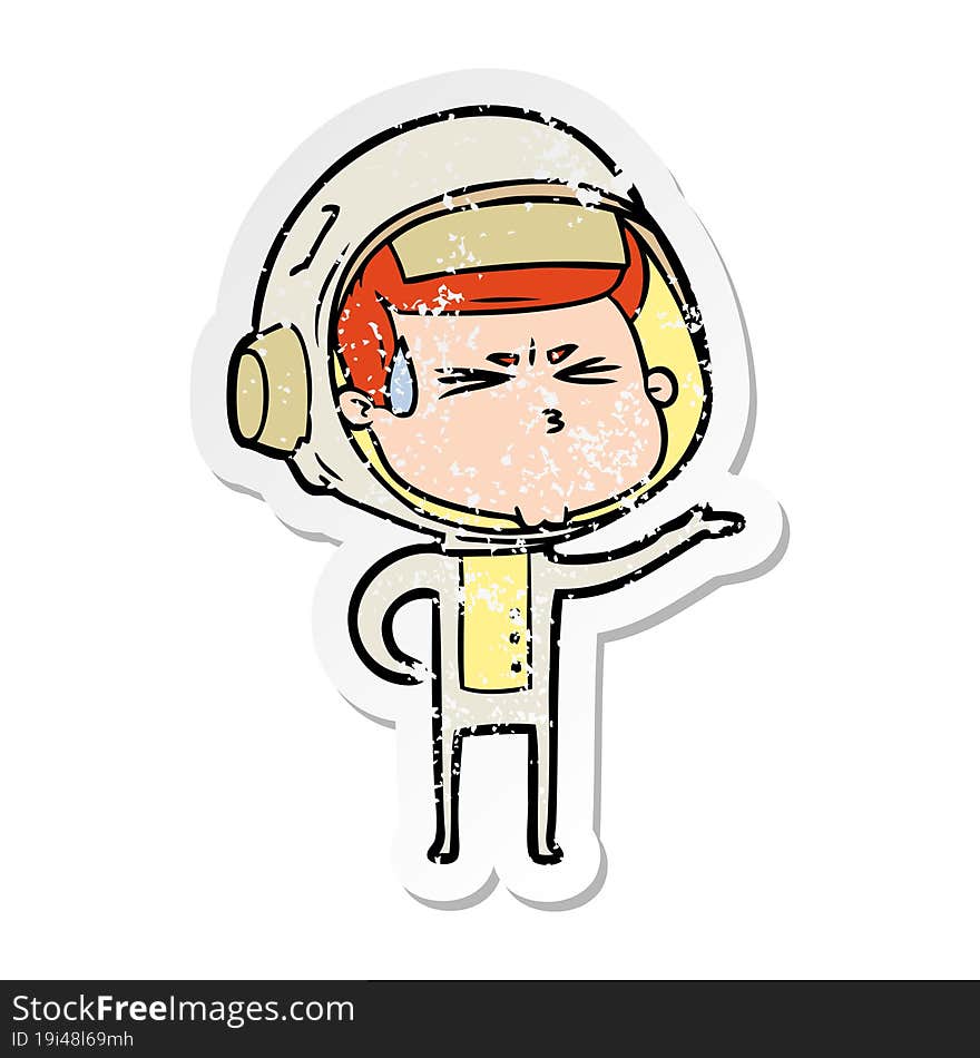 distressed sticker of a cartoon stressed astronaut