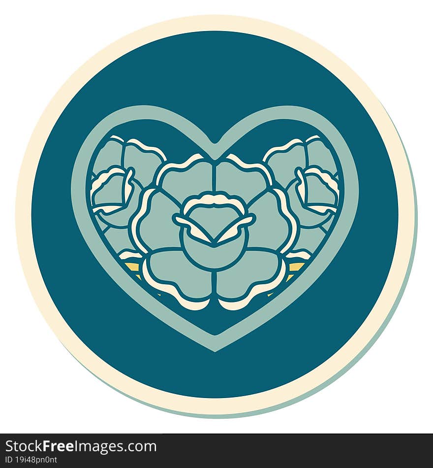 sticker of tattoo in traditional style of a heart and flowers. sticker of tattoo in traditional style of a heart and flowers