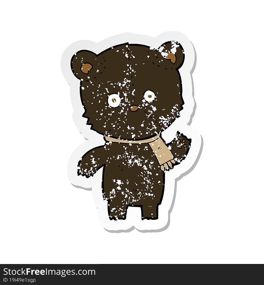 retro distressed sticker of a cartoon waving black bear