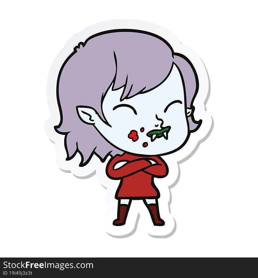 sticker of a cartoon vampire girl with blood on cheek