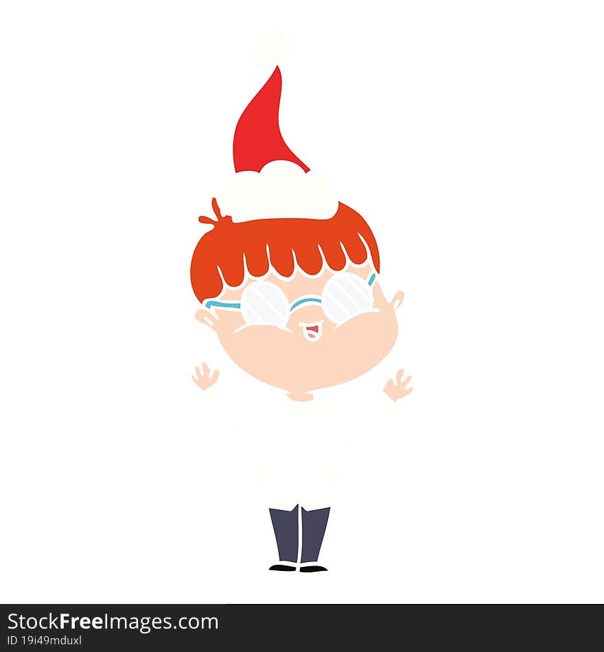 flat color illustration of a boy wearing spectacles wearing santa hat