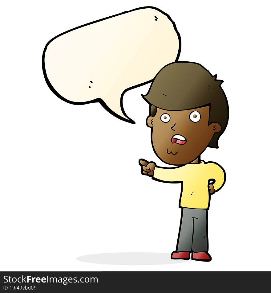 cartoon shocked man pointing with speech bubble