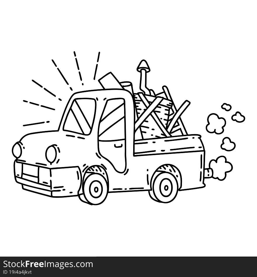 illustration of a traditional black line work tattoo style truck carrying junk