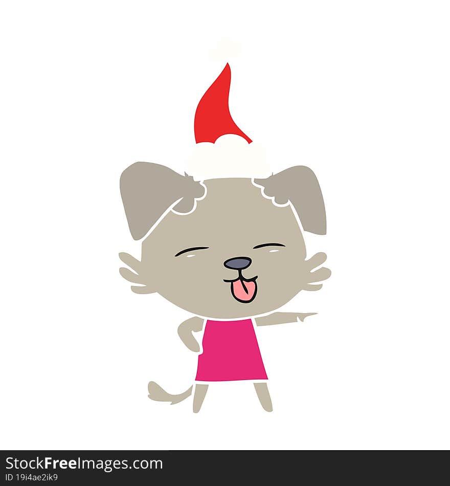 flat color illustration of a dog sticking out tongue wearing santa hat