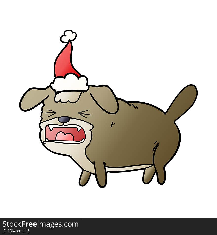 gradient cartoon of a dog barking wearing santa hat