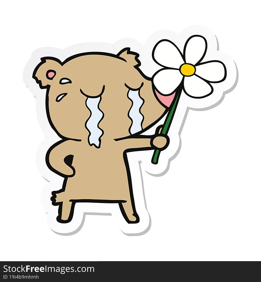 sticker of a cartoon crying bear with flower