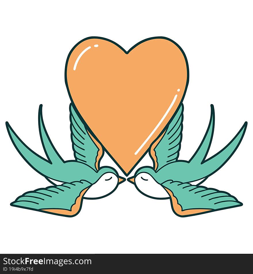 iconic tattoo style image of swallows and a heart. iconic tattoo style image of swallows and a heart