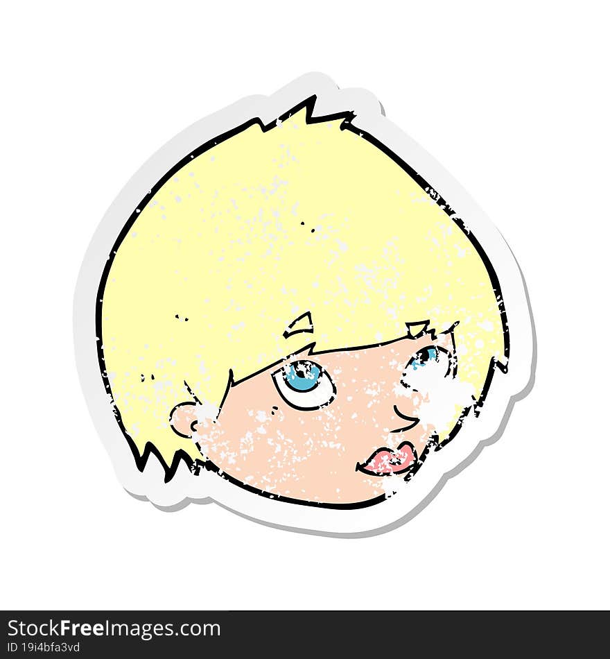 retro distressed sticker of a cartoon female face looking up