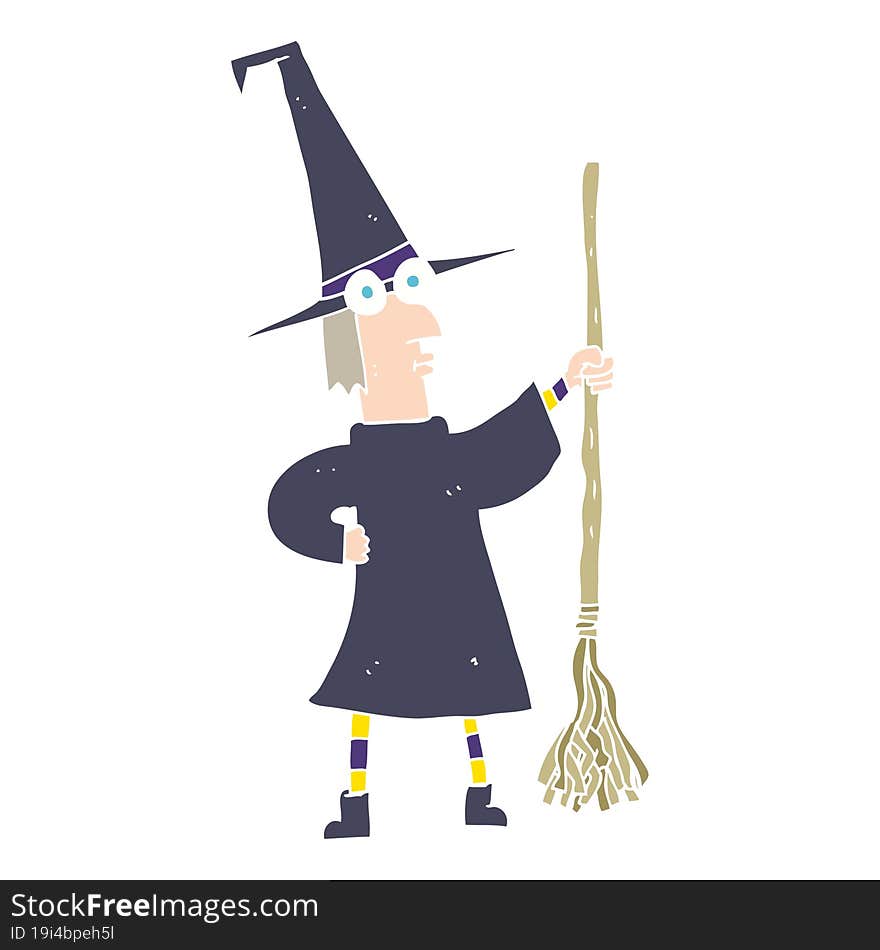 flat color illustration of a cartoon witch with broom