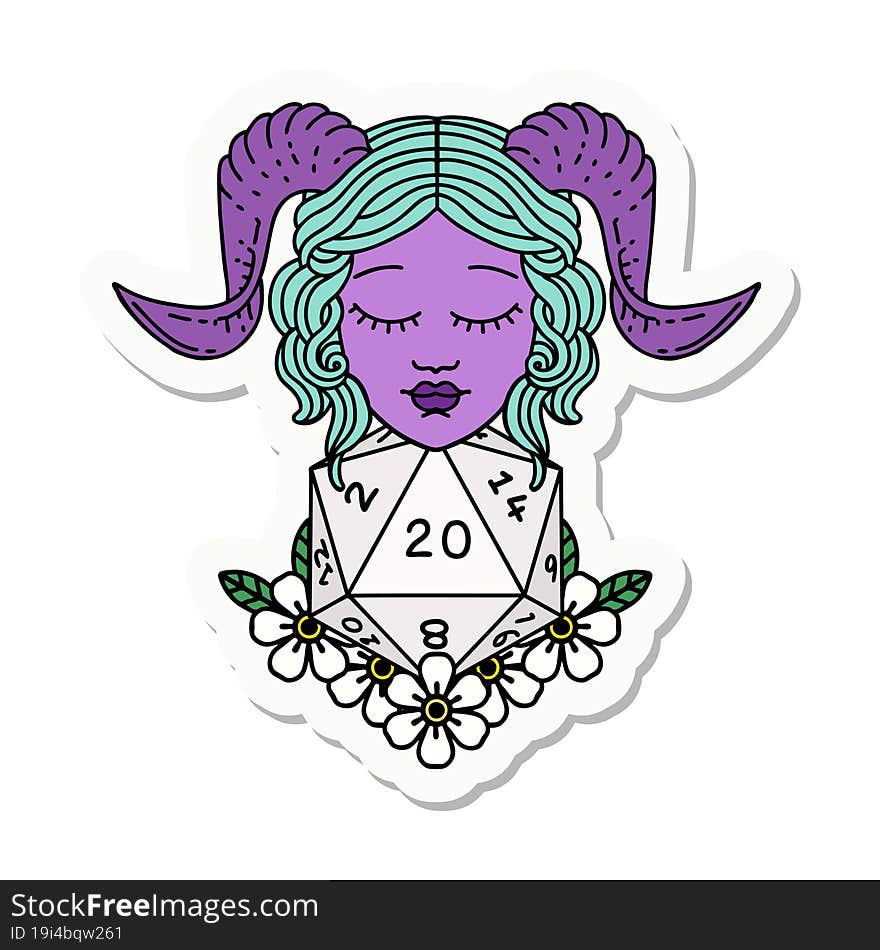 sticker of a tiefling with natural twenty dice roll. sticker of a tiefling with natural twenty dice roll