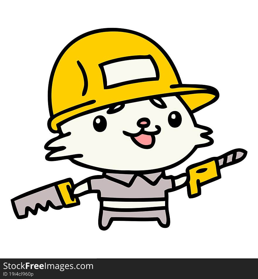 cartoon cat wearing a work hat and holding tools. cartoon cat wearing a work hat and holding tools