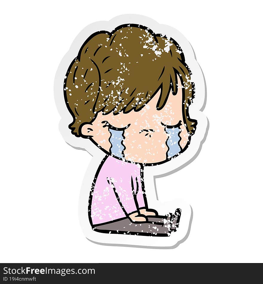 distressed sticker of a cartoon woman crying