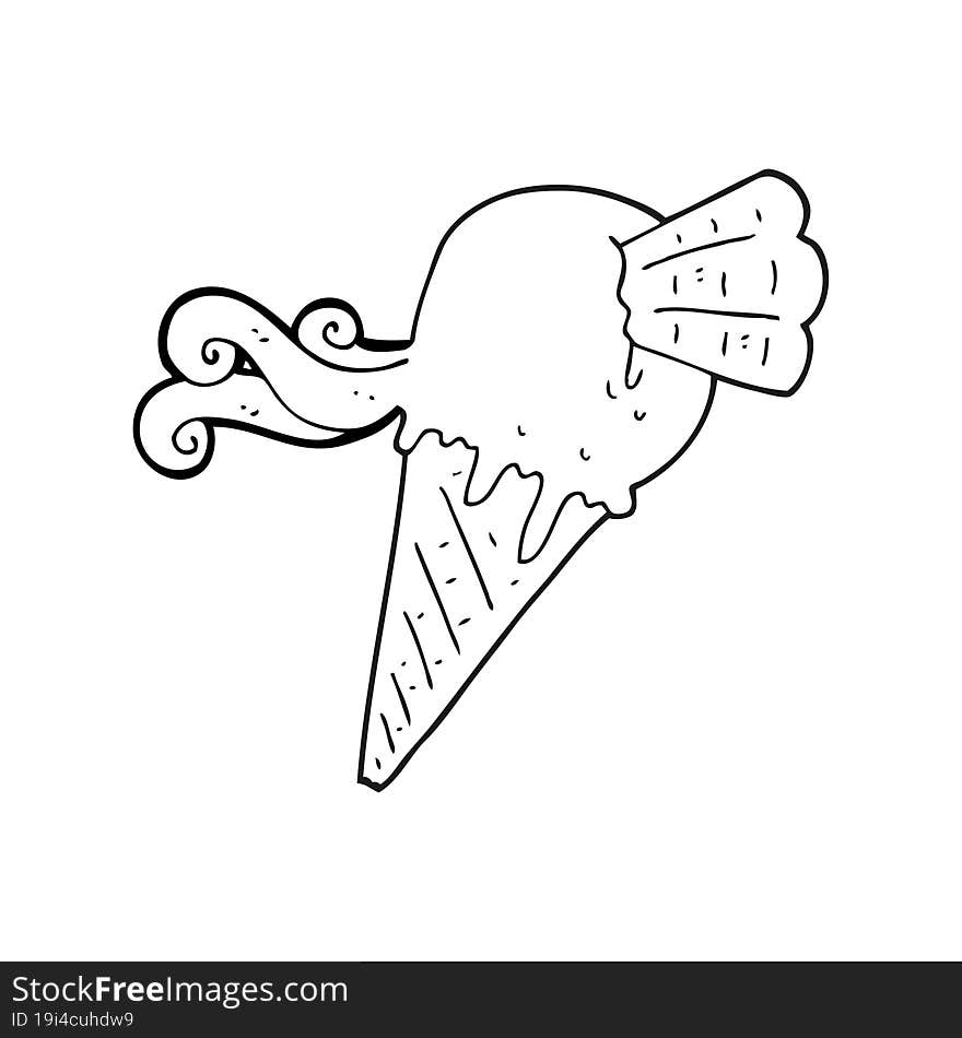 freehand drawn black and white cartoon ice cream cone