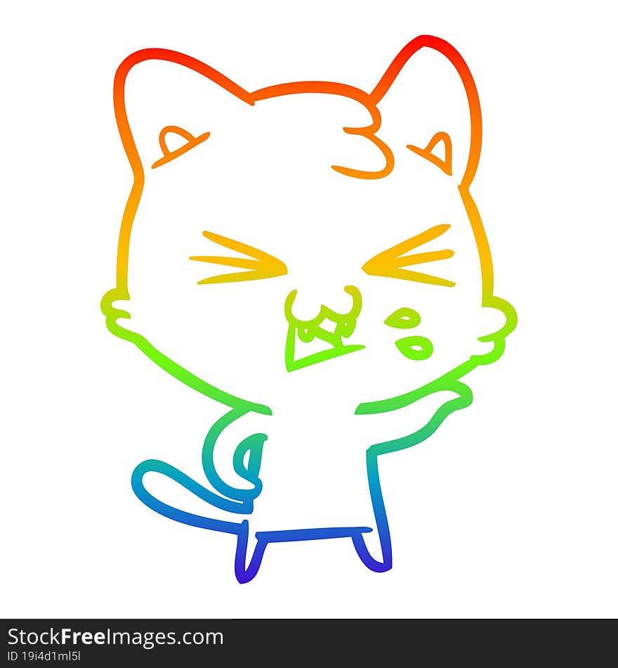 Rainbow Gradient Line Drawing Cartoon Cat Hissing