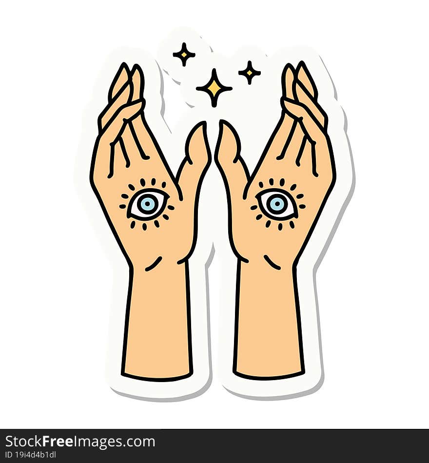 sticker of tattoo in traditional style of mystic hands. sticker of tattoo in traditional style of mystic hands