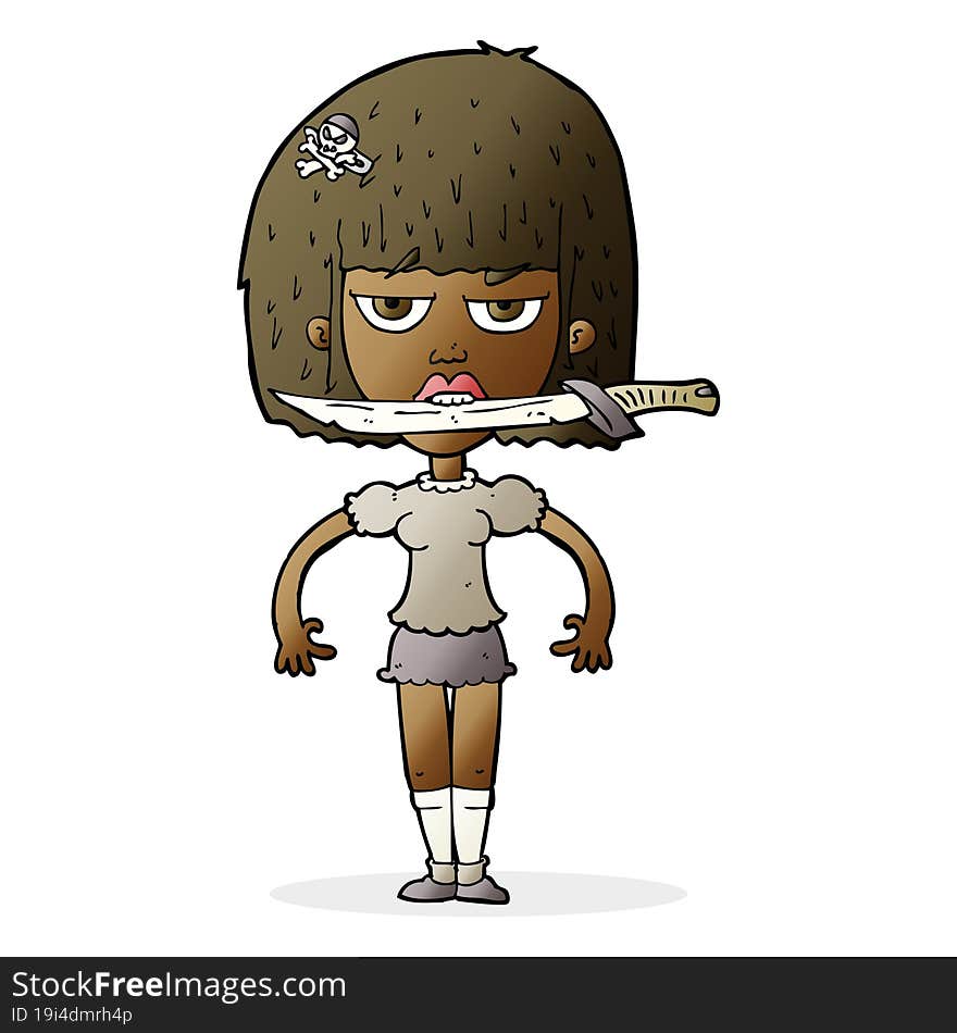 cartoon woman with knife between teeth