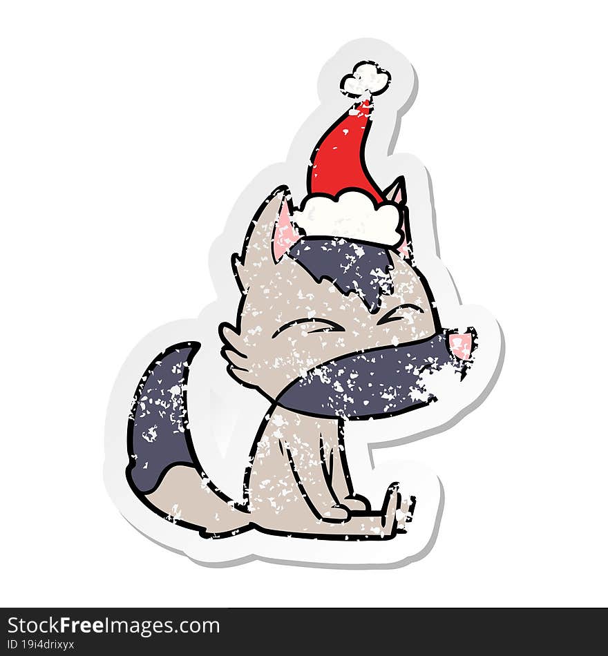 distressed sticker cartoon of a wolf whistling wearing santa hat