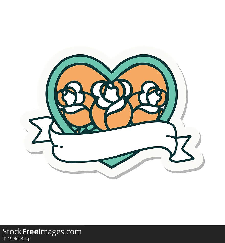 sticker of tattoo in traditional style of a heart and banner with flowers. sticker of tattoo in traditional style of a heart and banner with flowers