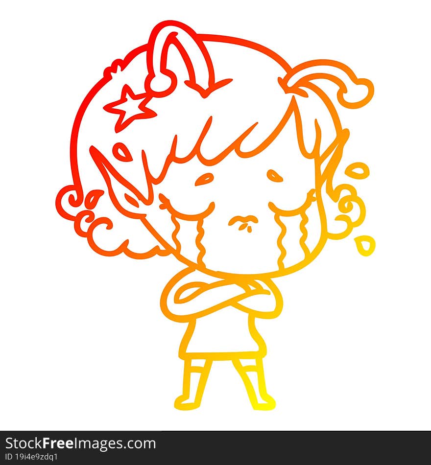 warm gradient line drawing cartoon crying alien girl