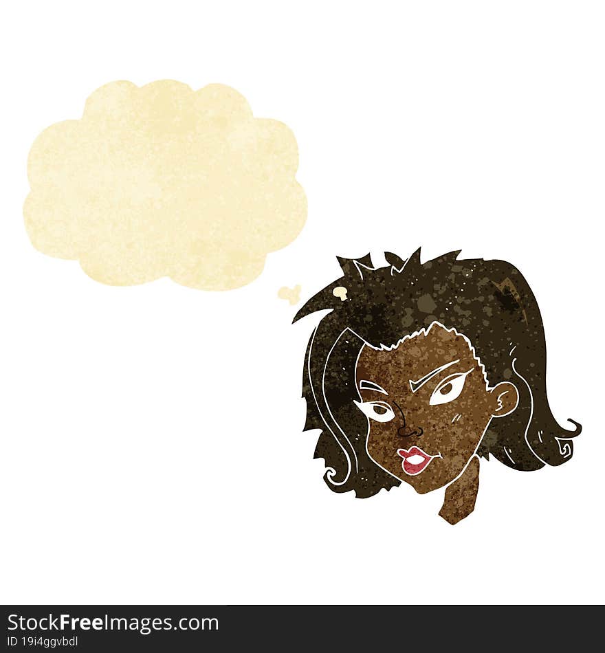 cartoon female face with thought bubble