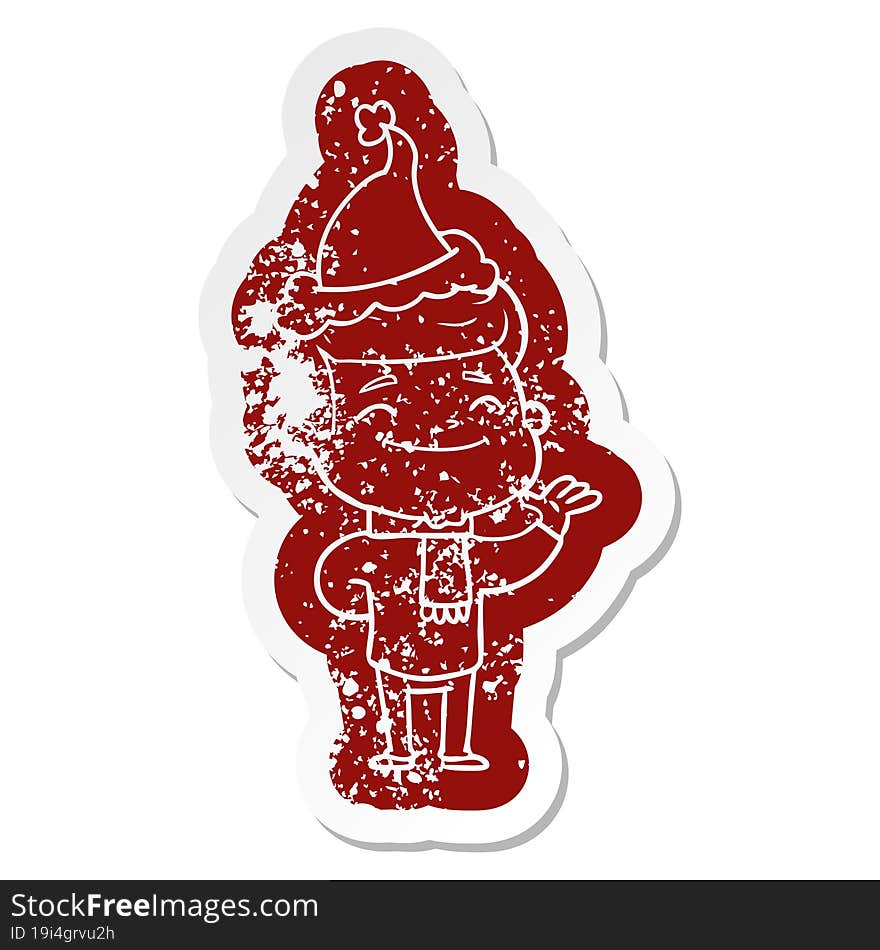 happy cartoon distressed sticker of a man wearing santa hat