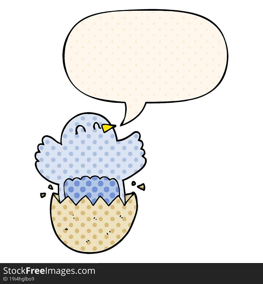 cartoon hatching chicken with speech bubble in comic book style