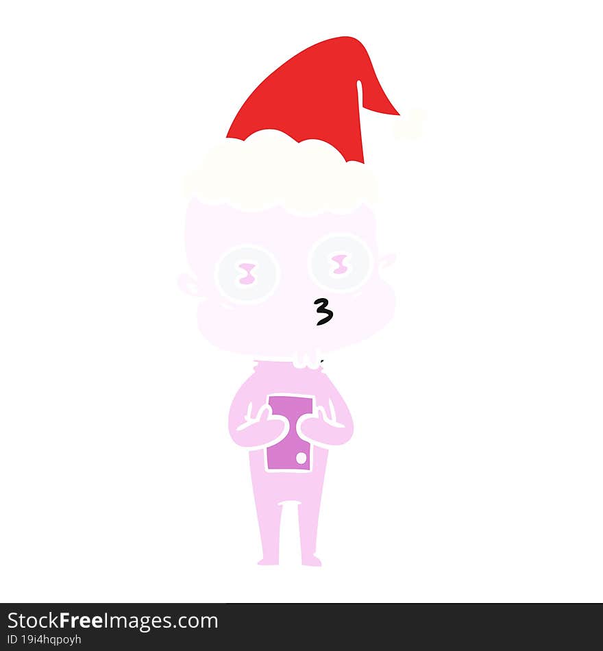 Flat Color Illustration Of A Weird Bald Spaceman Wearing Santa Hat