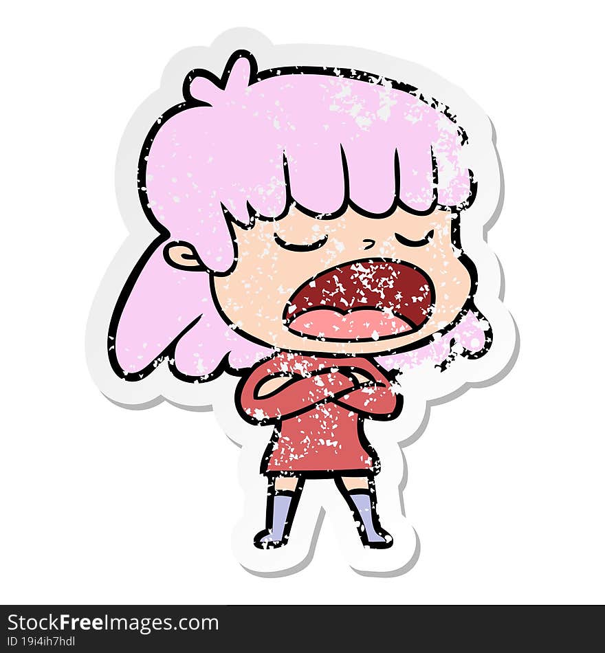 distressed sticker of a cartoon woman talking loudly