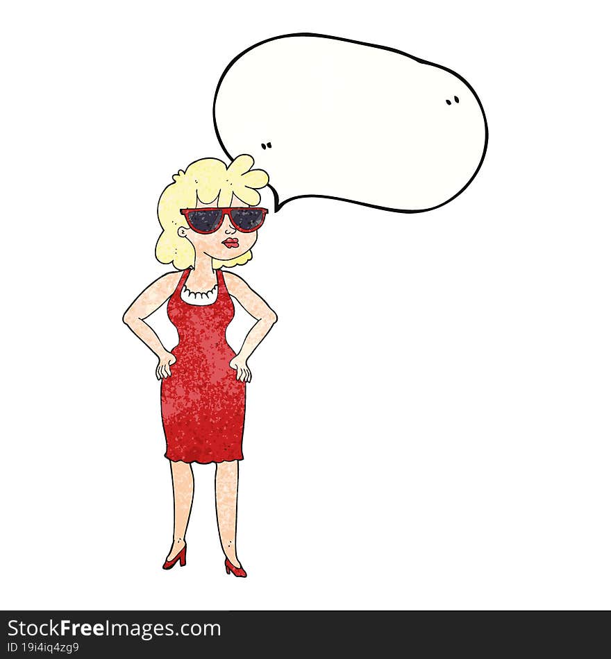 freehand drawn texture speech bubble cartoon woman wearing sunglasses