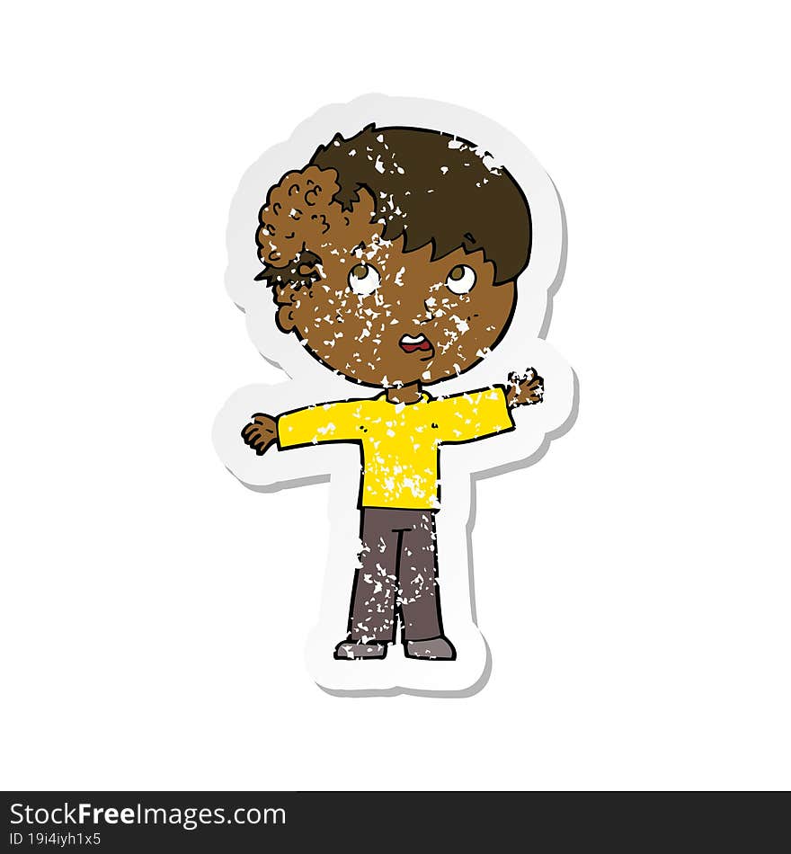 retro distressed sticker of a cartoon boy with growth on head