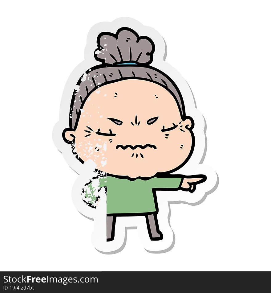 distressed sticker of a cartoon annoyed old lady