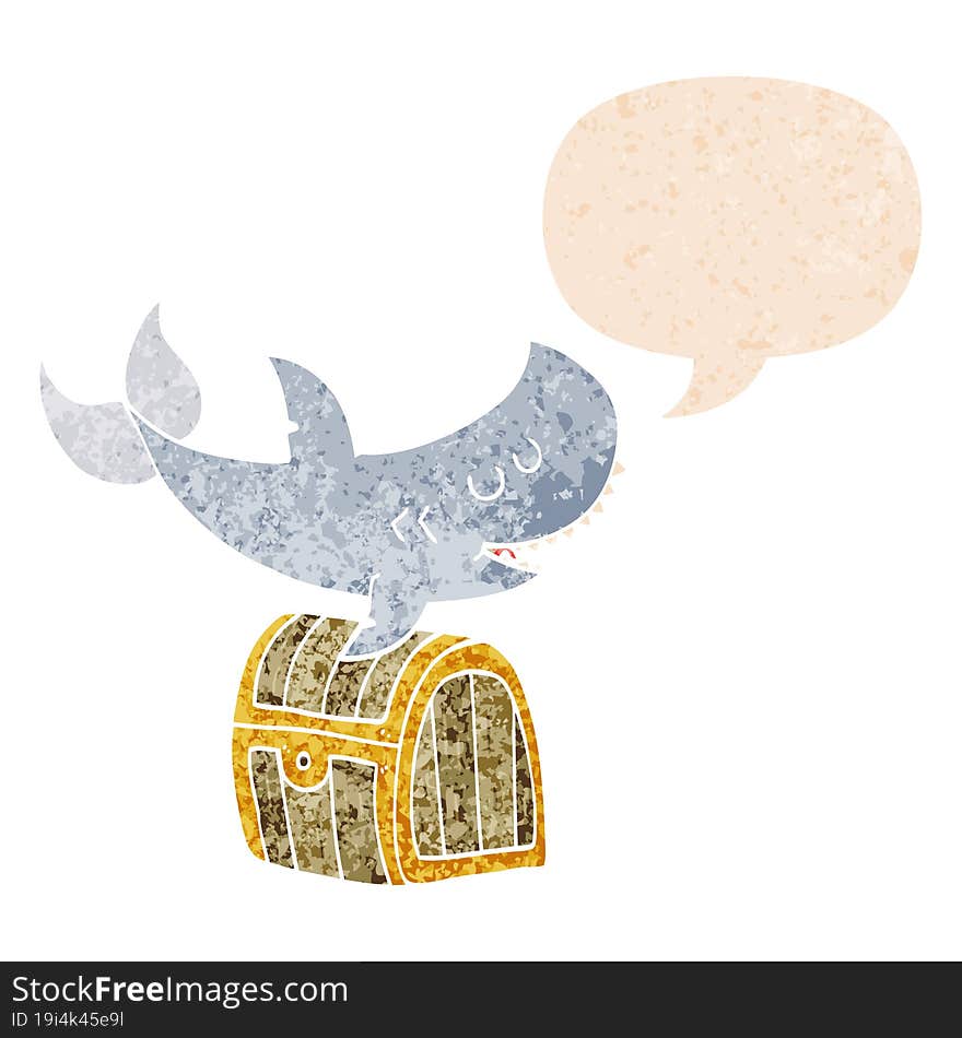 cartoon shark swimming over treasure chest with speech bubble in grunge distressed retro textured style. cartoon shark swimming over treasure chest with speech bubble in grunge distressed retro textured style