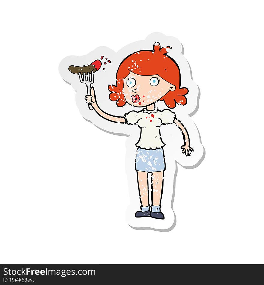 Retro Distressed Sticker Of A Cartoon Woman Eating Sausage