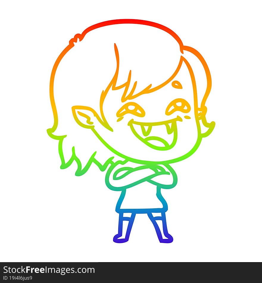 rainbow gradient line drawing of a cartoon laughing vampire girl