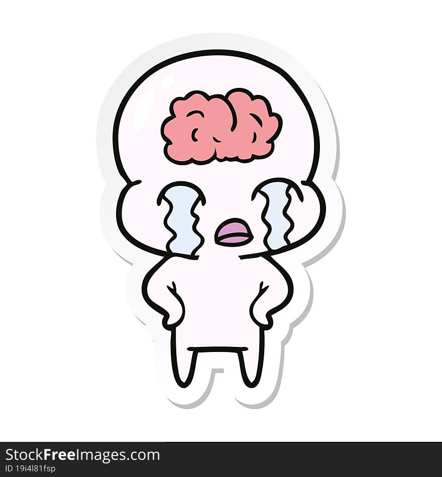 sticker of a cartoon big brain alien crying