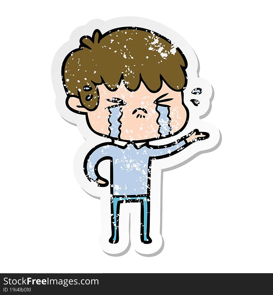 distressed sticker of a cartoon boy crying