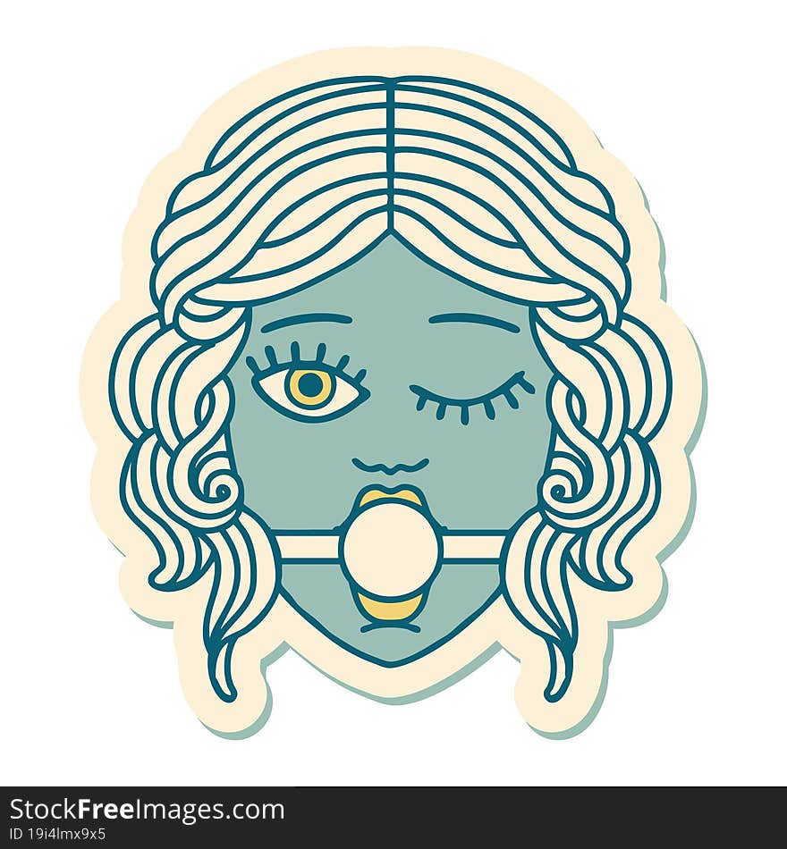 tattoo style sticker of winking female face with ball gag