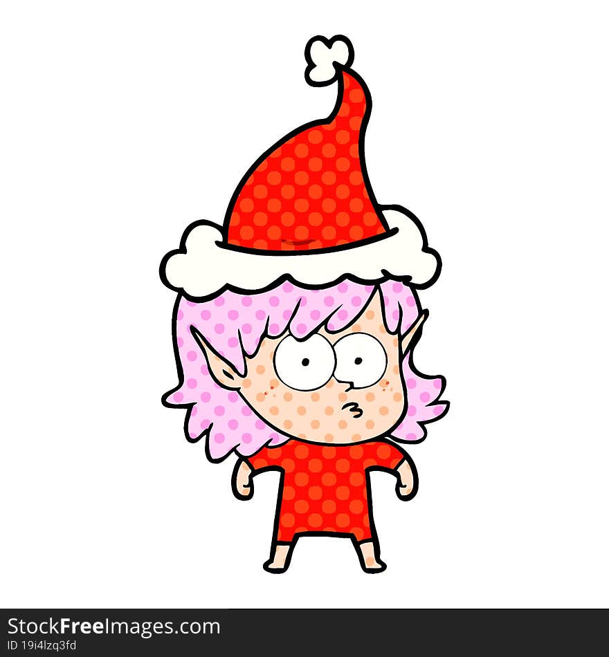 comic book style illustration of a elf girl staring wearing santa hat