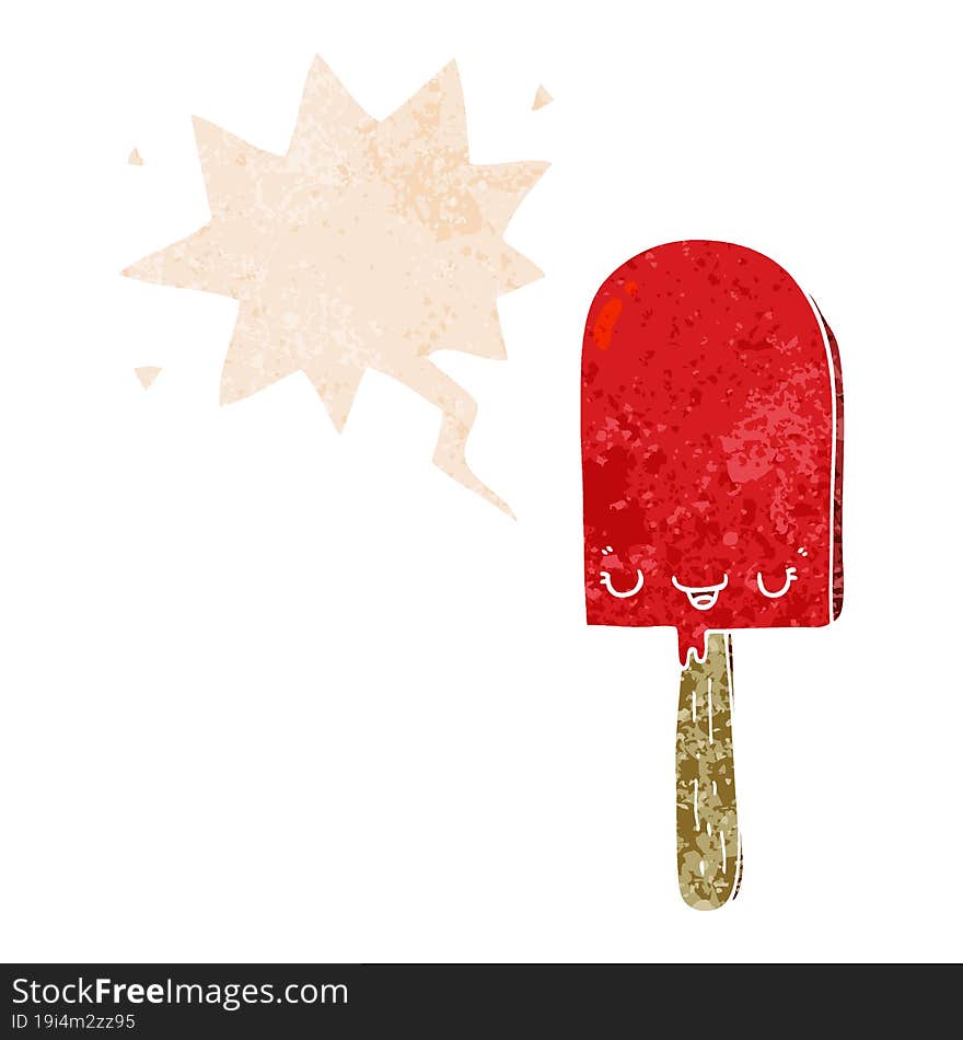 cartoon ice lolly and speech bubble in retro textured style