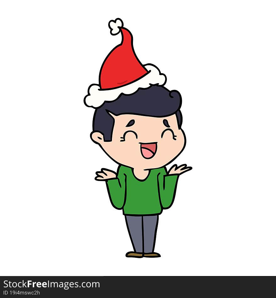 hand drawn line drawing of a laughing confused man wearing santa hat