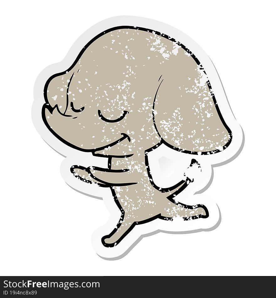 distressed sticker of a cartoon smiling elephant running