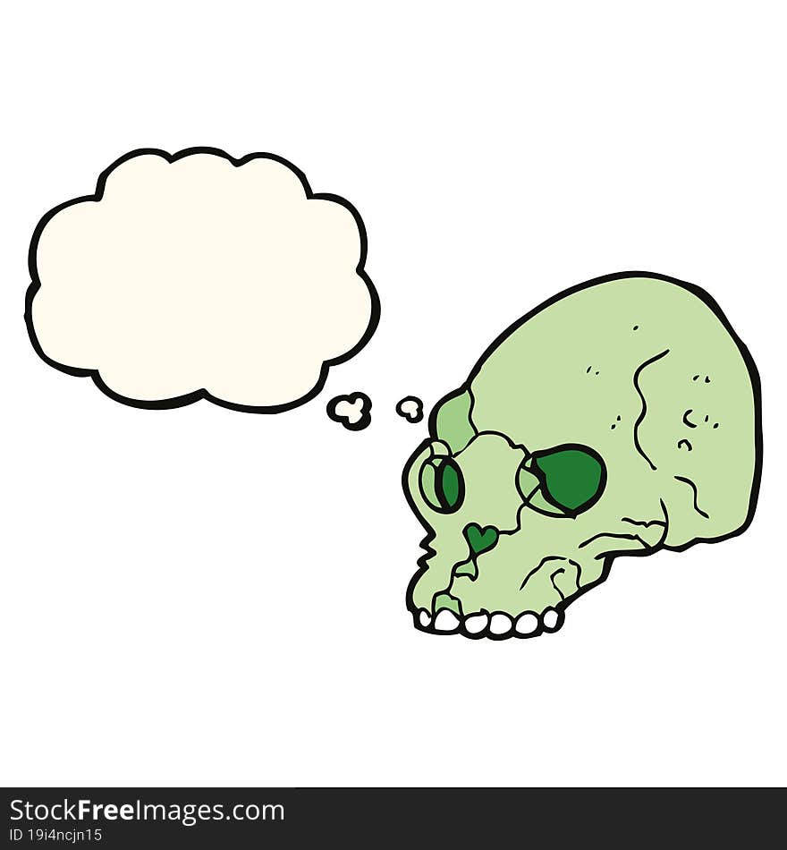 cartoon spooky skull with thought bubble