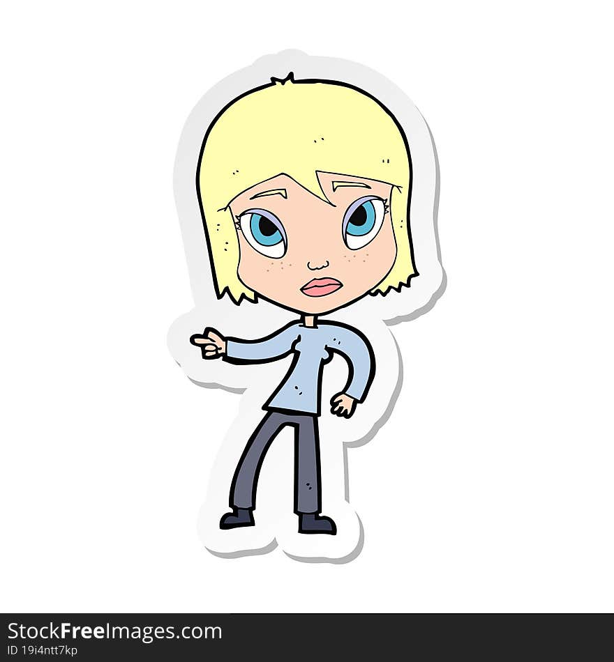 sticker of a cartoon pointing woman