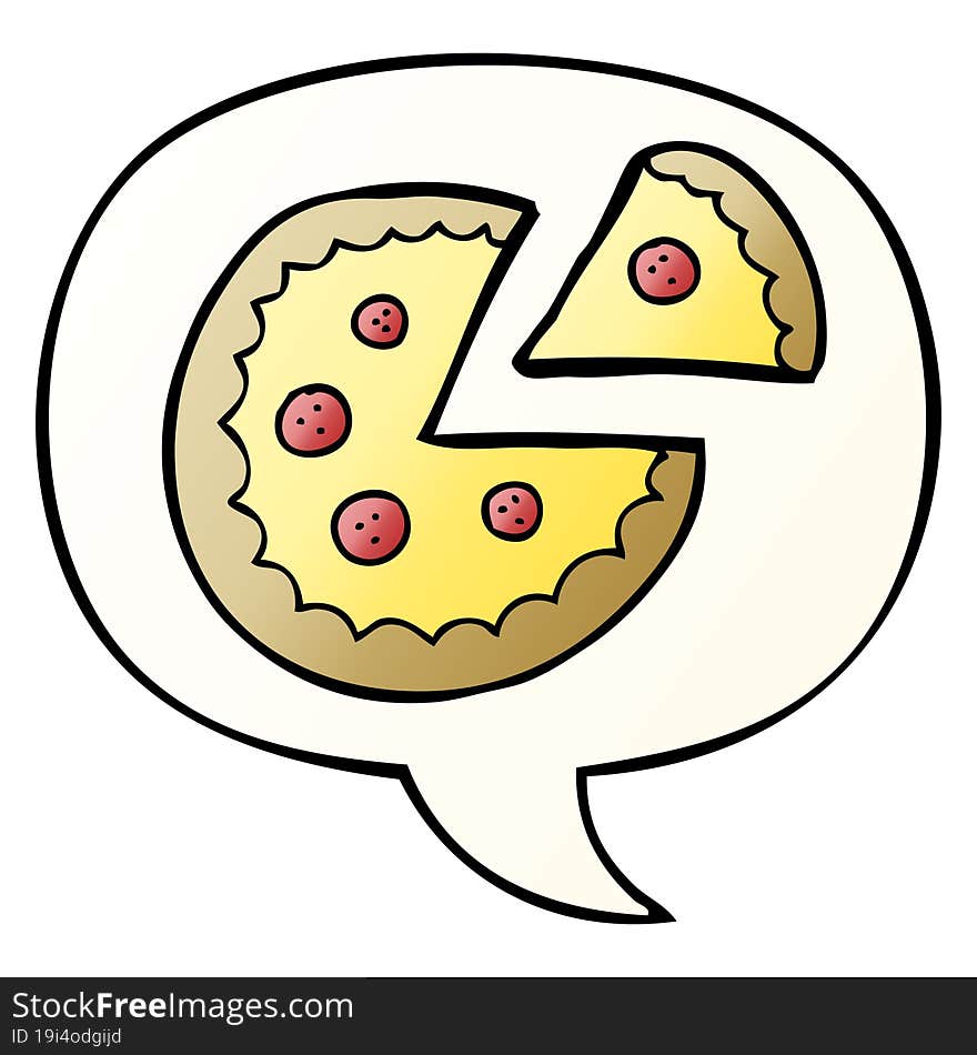 cartoon pizza and speech bubble in smooth gradient style